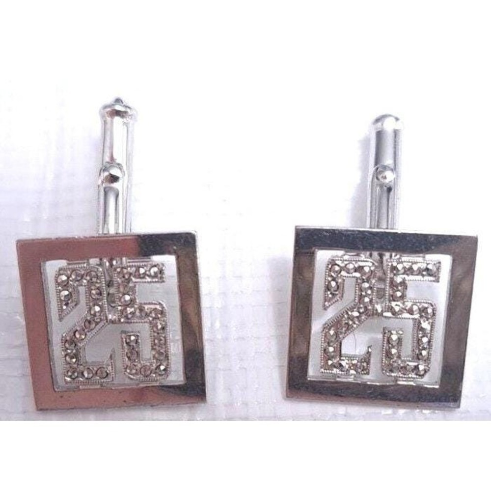 Vintage 25 Anniversary Cufflinks Mens Silver Tone Marcasite Rhinestone Square